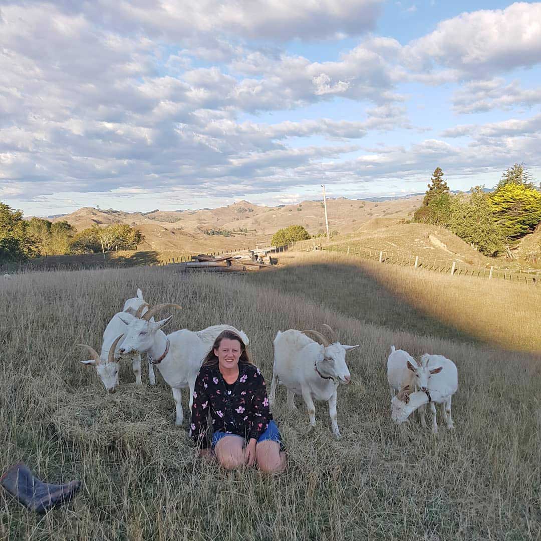 Helen and her milking goats (Mokau Soaps)